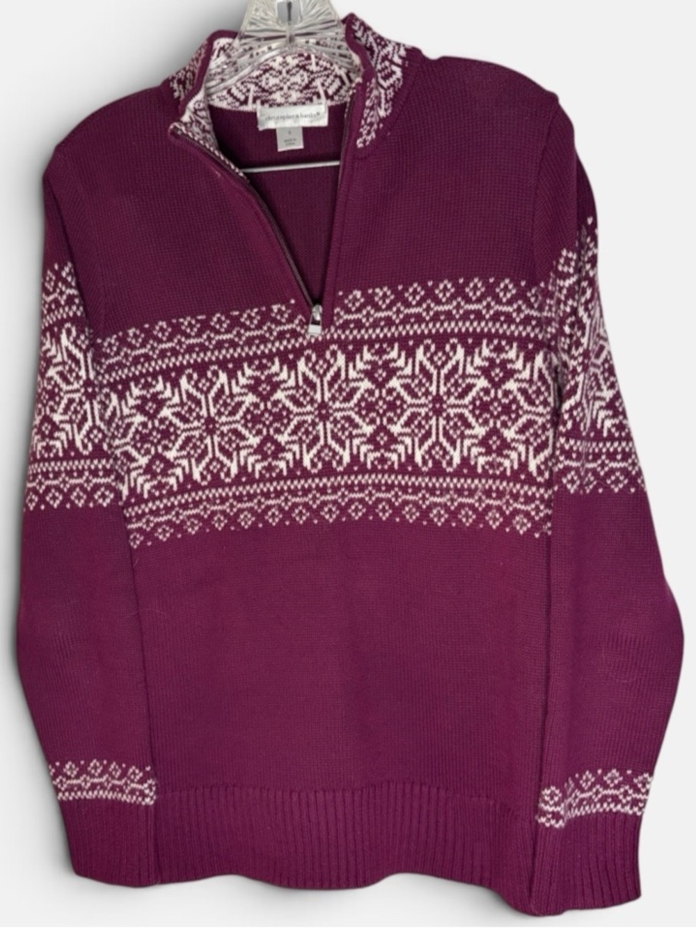 Christopher & Banks Fair Isle Snowflake Quarter Zip Sweater S Burgundy